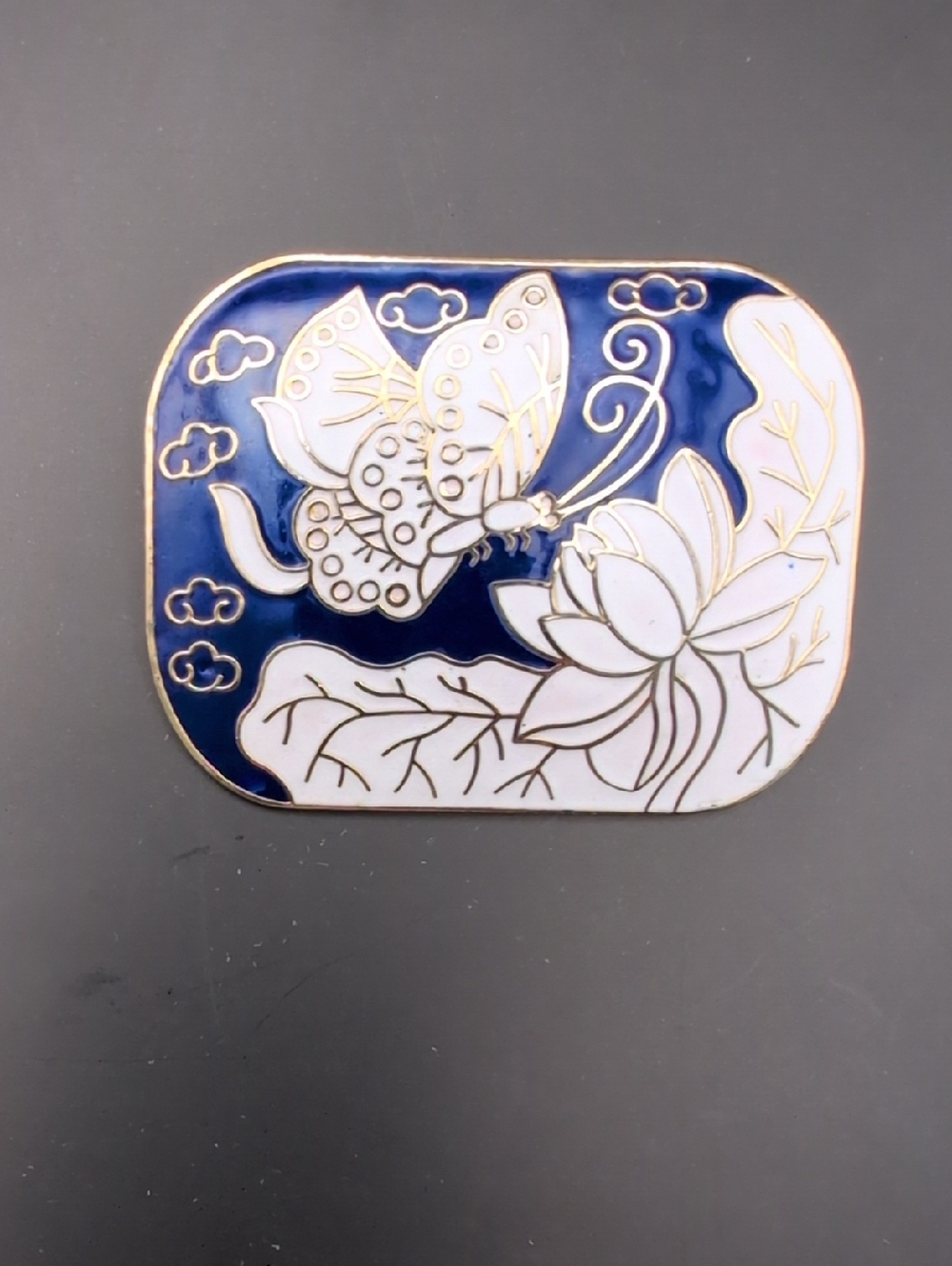 Enamel Butterfly & Lotus Brooch Pin Blue and White Gold Tone Back